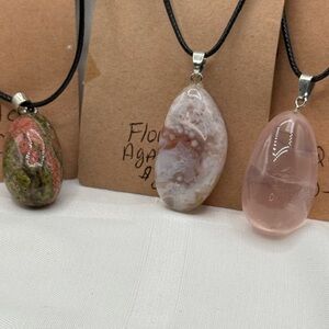 Inspire, Flower Agate & Rose Quartz 3 necklaces 1.5”-2” pendants on a 9” cord